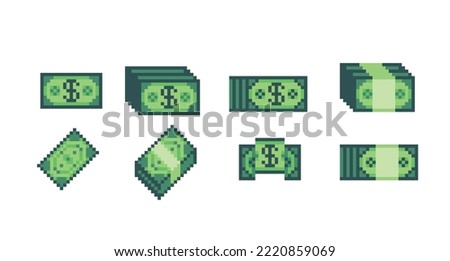 Money bundle, pack pixel art set. Wad of dollars collection. Green banknotes. 8 bit sprite. Game development, mobile app.  Isolated vector illustration.