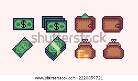 Money bundle, pack pixel art set. Purse and wallet full of cash. Wad of dollars collection. Green banknotes. 8 bit sprite. Game development, mobile app.  Isolated vector illustration.