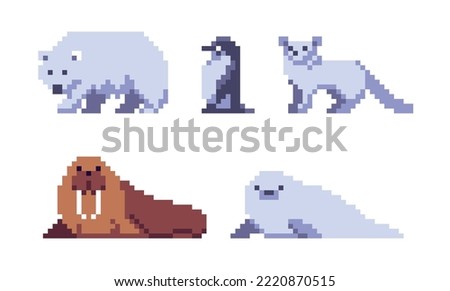 Arctic tundra animals pixel art set. North wildlife, fauna collection. Snow bear, fox and walrus. 8 bit sprite. Game development, mobile app.  Isolated vector illustration.