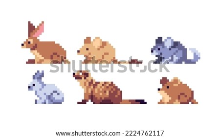 Rodent species pixel art set. Little animals collection. Rat, hamster and hare. 8 bit. Game development, mobile app.  Isolated vector illustration.