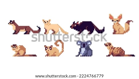 Small Madagascar animals pixel art set. Weasel, marten, ferret collection. Lemur, koala, meerkat. 8 bit. Game development, mobile app.  Isolated vector illustration.