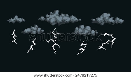 Thunder, gray clouds pixel art set. Rainy, dark thundercloud collection. Electric bolt, charge 8 bit. Game development, mobile app. Isolated vector illustration. 