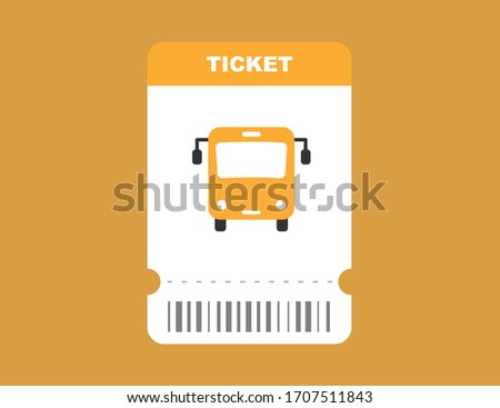 Bus ticket in yellow flat design with barcode. Pass card for auto transport. Trip by bus isolated coupon. Vector EPS 10.