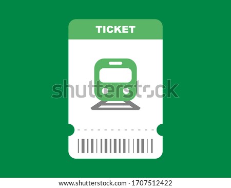 Railway ticket on train in flat green isolated design. Travel pass card on subway template with barcode. Locomotive trip ticket. Vector EPS 10.