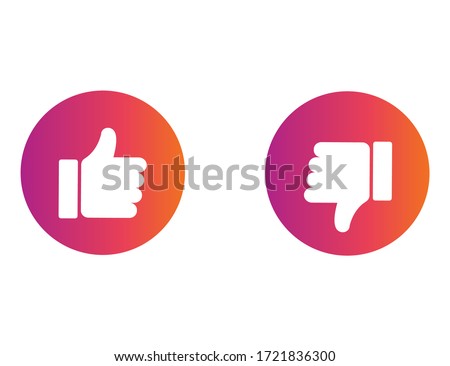 Thumb up or down icon. Ok and bad sign in rainbow style. Positive and negative choice. Isolated illustration of like or dislike decision. Social style of buttons.  Vector EPS 10