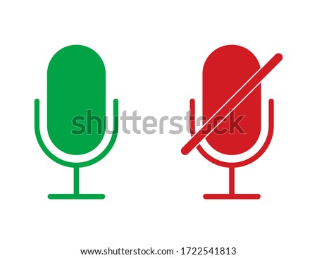 Radio microphone icons in red and green colors. Isolated record equipment. Sound mic for karaoke. Broadcast symbol. Retro microphone with mute icon. Voice recorder. Vector EPS 10