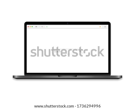 Laptop with browser on screen. Computer icon with search bar and magnifier. Notebook mockup with web interface. Desktop template with blank web site. Simple design of browser in laptop. Vector EPS 10.