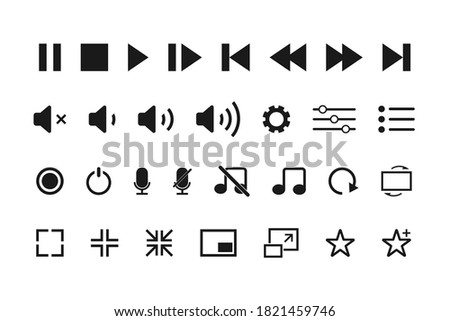 Media player icons set. Video and audio controller buttons. Music and multimedia navigation collection. Microphone icon with volume sign. Equalizer tool with play and stop. 