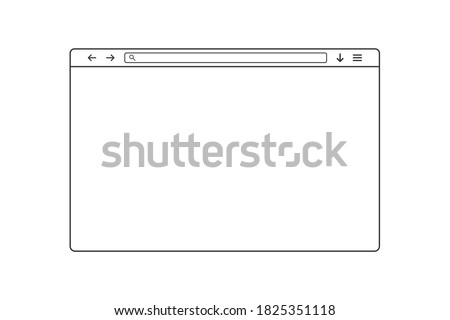 Web browser window. Simple outline web page. Browser template with search bar and loupe icon. Isolated website window on white background. Transparent web browser frame with address. EPS 10