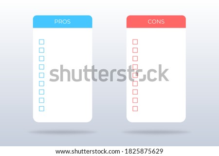 Pros and cons checklist. Isolated positive and negative survey. Evaluation of plus and minus. Pros and cons mockup in blue and red with check mark ticks. Compare pros and cons. Vector EPS 10