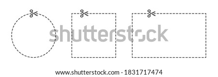 Cutting scissors set. Dotted coupon border. Scissors silhouette in white backgroun. Dashed discount symbol. Dotted circle, square and rectangle. Isolated outline discount. Vector EPS 10