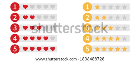 Rating heart and star icons. Yellow and red ranking template. Isolated review classification on white background. Red heart shape from one to five. Feedback evaluation with yellow stars shape. EPS 10