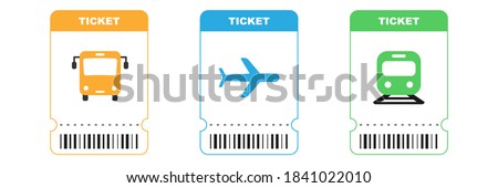 Travel tickets for bus, plane and train. Isolated subway and railway pass card. Airplane ticket with barcode on white background. Transport pictogram in orange, blue and green colors. EPS 10