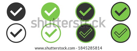 Checkmark tick set on white background. Isolated green tick collection in different style. Done and correct icons in green. Outline and bold checkbox. Vote symbol doodle. Vector EPS 10