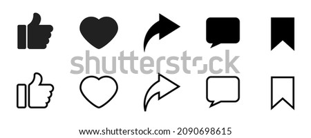 Like, share, comment symbol. Thumb up and like heart. Comment and share icon set. Outline and filled