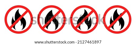 No fire restriction. No fire flame icon in red circle. Fire symbol in black. Red fireball sign. No campfire symbol. Flame vector. Stock vector illustration