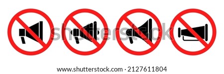 No sound symbol. No music. Notification off circle. Loudspeaker in red circle. Mute mode. Sound restriction circle. Red prohibited megaphone. Stock vector.