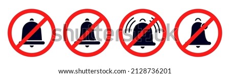No sound symbol. No music. Notification off circle. Mute mode. Sound restriction circle. Red prohibited ring bell. Stock vector illustration.