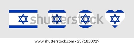 Israel flag. Flag of Israel. National symbol. Square, round and heart shape. Israel flag symbol. Blue and white color. Stock vector illustration