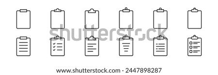 Clipboard icon set. Line clipboard checklist. Outline clipboard document
