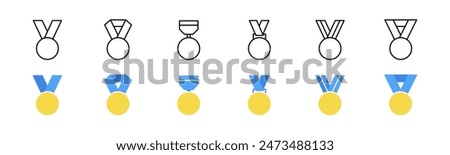 Medal icon set. Line and flat award medal. Champion medal in blue and yellow