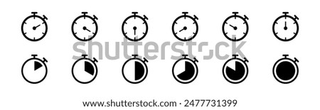 Stopwatch icon set. Line and glyph stopwatch timer. Countdown timer collection.