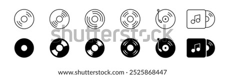 Vinyl disc icon set. Line and solid music vinyl disc icon