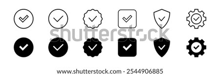 Checkmark tick icon set. Line and glyph check mark tick collection