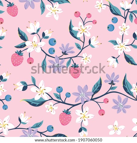 Seamless repeated surface vector pattern design with strawberries and blueberries and little white and purple flowers on branches on a pink background 