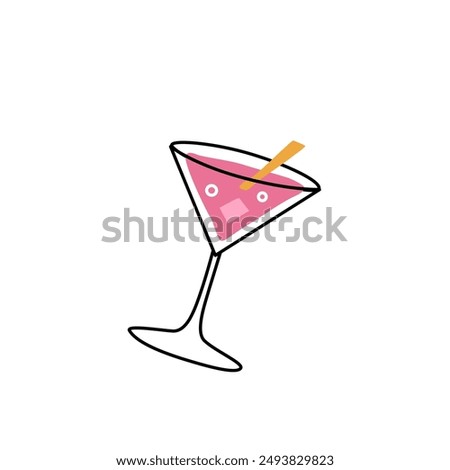 Martini glass with beverage and cinnomon stick. Flat cute vector clipart isolated on white background