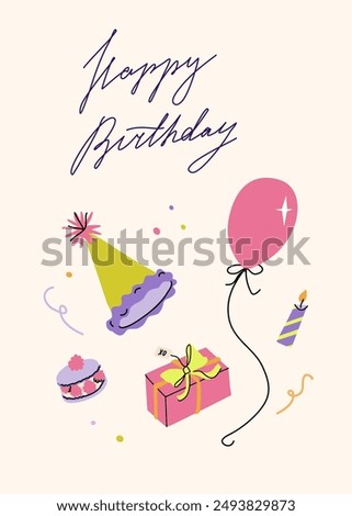 Happy birthday card with party hat, balloon, gift and macaron. Greeting card with handwritten typograpthy. Elegant and trendy vector illustration templates in simple style