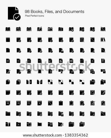 98 Books, Files, and Documents Pixel Perfect Icons (Filled Style). Vector icons of books, files, folders, notes, and documents.