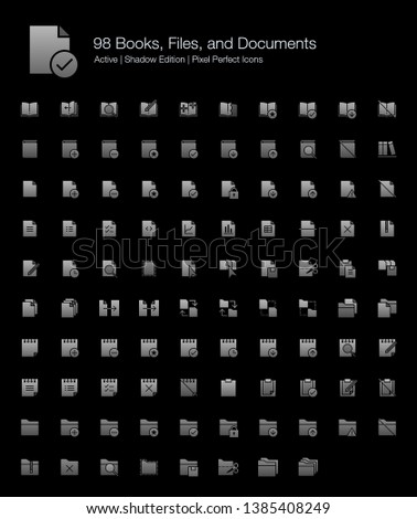 98 Books, Files, and Documents Pixel Perfect Icons (Filled Style Shadow Edition). Vector icons of books, files, folders, notes, and documents.