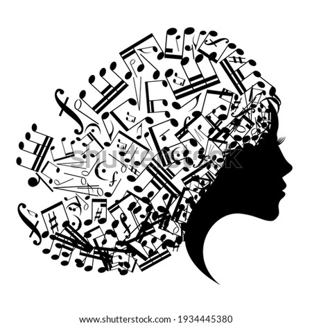 Beautiful woman profile silhouettes with music hair, vector young female face design, beauty girl head with styled musical notes hair, fashion lady graphic portrait.