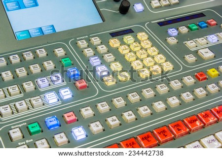 buttons on a TV production video switcher