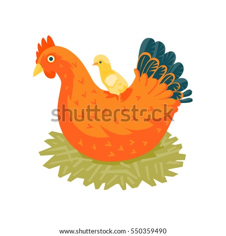 Red chicken in nest with a yellow chick  vector illustration cartoon style