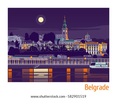 Night view of Belgrade flat vector illustration 