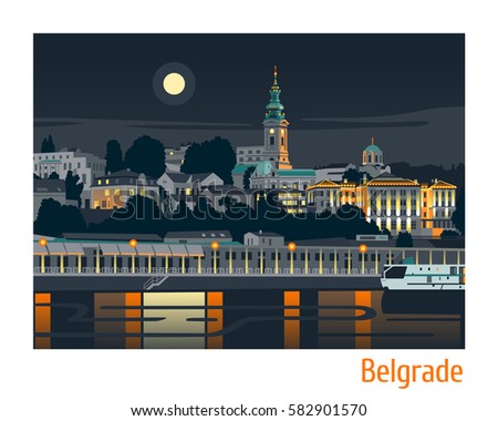 Night view of Belgrade flat vector illustration 