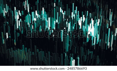 Abstract 3D background made of multi-colored cylinders. The up and down waves resemble the movement of rectangular three-dimensional growing pillars. Surface with square waves. 3D vector.