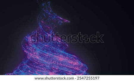 Neon abstract glowing landscape background. Neon abstract swirling vortex. Glowing dots, particles. Rotating swirling particle shapes. 3D background. Vector illustration