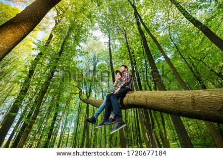 A boy and a girl in an embrace sit on a large sloping tree trunk in the forest on a sunny summer day. Wide angle shooting. Foto stock © 