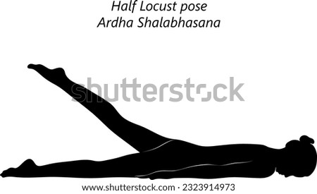 Black silhouette of young woman practicing yoga, doing Half Locust pose. Ardha Shalabhasana. Prone and Backbend. Beginner. Isolated vector illustration.
