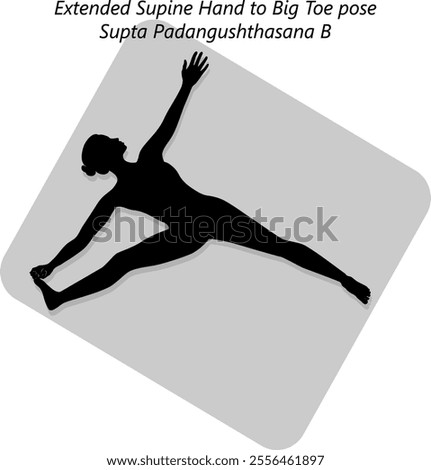 Silhouette of woman practicing Supta Padangushthasana B yoga pose.Extended Supine Hand to Big Toe pose. Isolated vector illustration