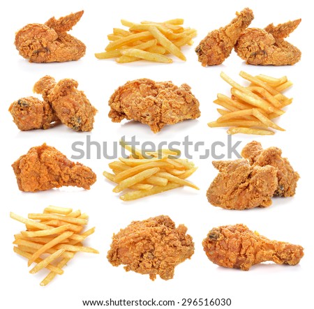fried chicken and french fries on white background.
