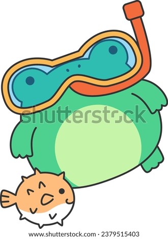 Cute frog with snorkeling mask and puffer. Vector illustration.