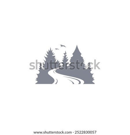 pine tree and river logo design vector