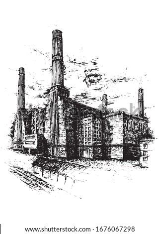 The Battersea Power Station in London, UK.  Outline vector sketch illustration isolated on white background.