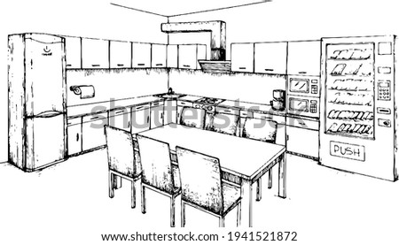 Office break room concept  sketch monochromatic freehand illustration of an empty kitchen on white background. vending machine, fridge, table and chairs    