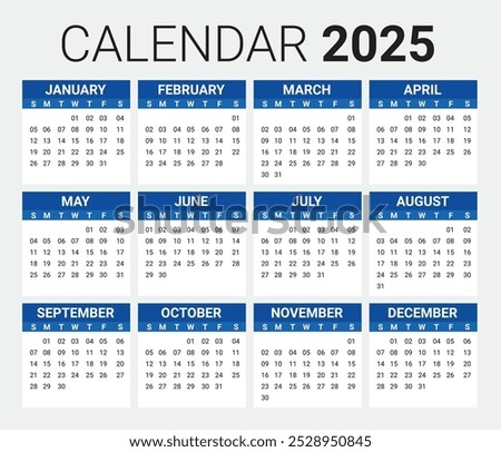 Calendar 2025 Full Editable, Eps Vector Blue