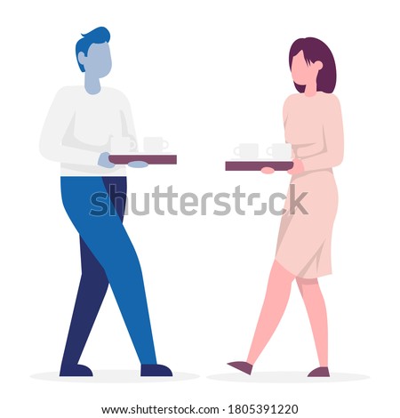 Secretary carries a tray of coffee. Color vector illustration